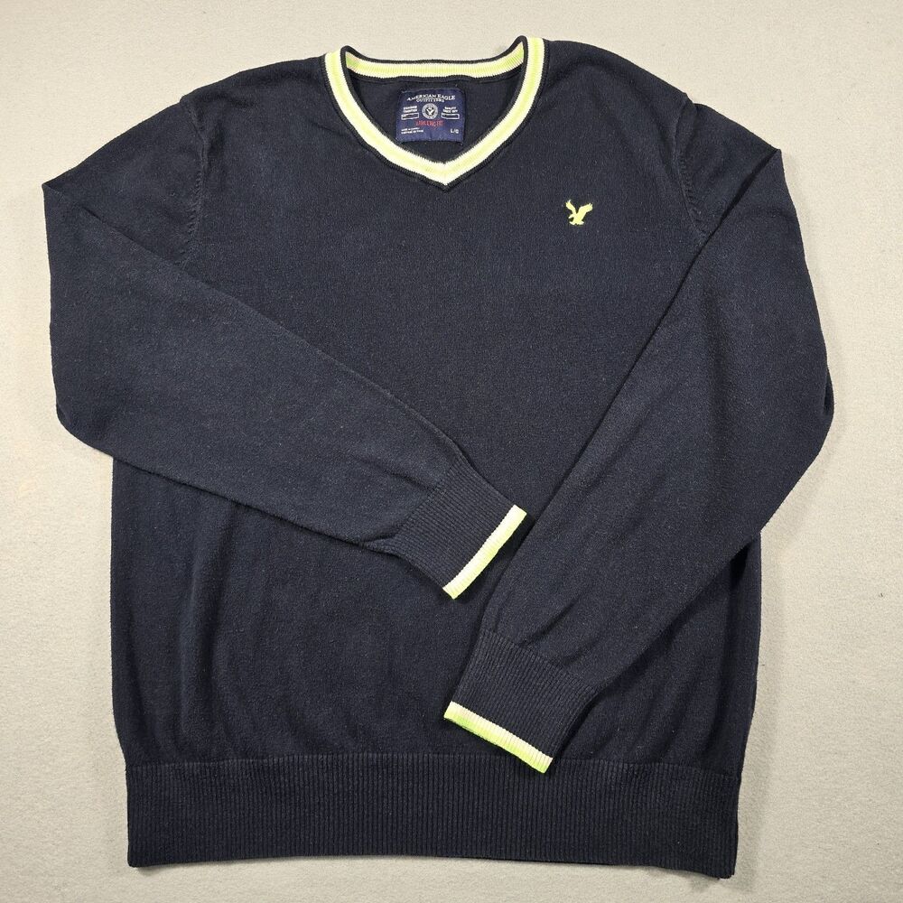 American Eagle Athletic Fit Men's Large Navy Blue V-Neck Pullover Knit Sweater